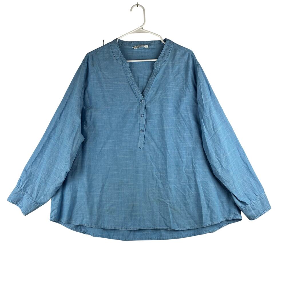 Riders Long Sleeve Chambray Popover Blouse Womens 2X Split Neck Blue Cotton READ